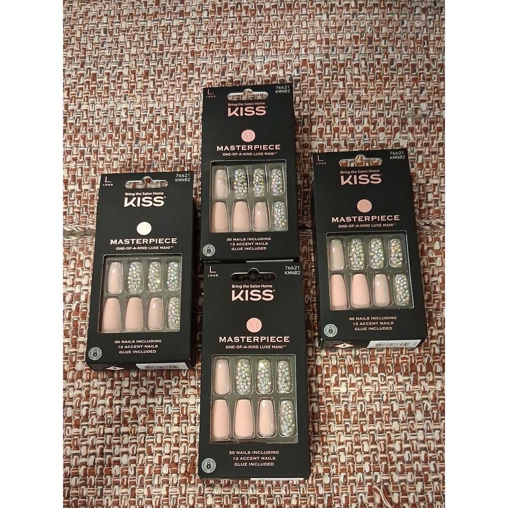 Kiss Masterpiece Nude Pink Press-On Nails with Rhinestone Accents (4 New Boxes)
